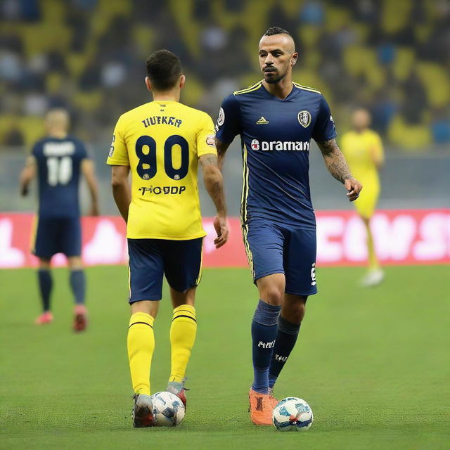 A Turkish soccer player wearing a jersey bearing the number 68, with a swallow tattoo on his arm, taking his exhilarating first step into Fenerbahçe Ülker Stadium.