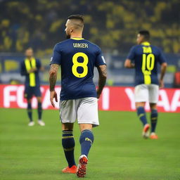 A Turkish soccer player wearing a jersey bearing the number 68, with a swallow tattoo on his arm, taking his exhilarating first step into Fenerbahçe Ülker Stadium.