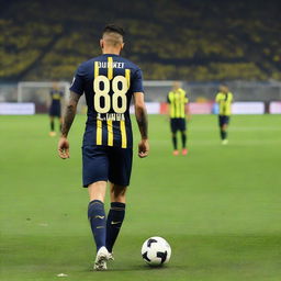 A Turkish soccer player wearing a jersey bearing the number 68, with a swallow tattoo on his arm, taking his exhilarating first step into Fenerbahçe Ülker Stadium.