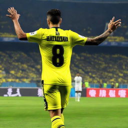 A Turkish soccer player wearing a jersey bearing the number 68, with a swallow tattoo on his arm, taking his exhilarating first step into Fenerbahçe Ülker Stadium.