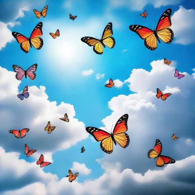 A partly cloudy sky with vibrant butterflies flying from one direction