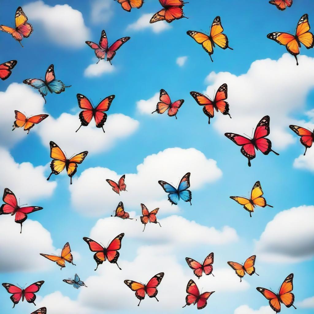 A partly cloudy sky with vibrant butterflies flying from one direction