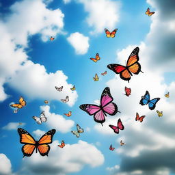 A partly cloudy sky with vibrant butterflies flying from one direction