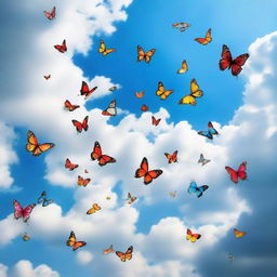 A partly cloudy sky with vibrant butterflies flying from one direction