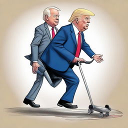 Humorous caricature of Donald Trump race walking with Joe Biden, where Joe Biden is using a walker for support.