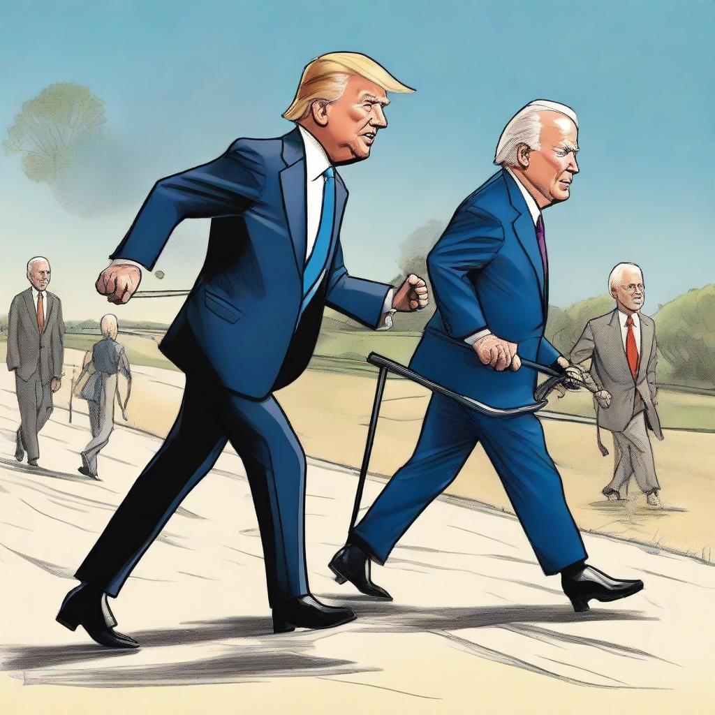 Humorous caricature of Donald Trump race walking with Joe Biden, where Joe Biden is using a walker for support.