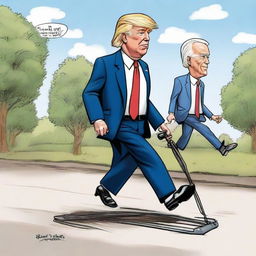 Humorous caricature of Donald Trump race walking with Joe Biden, where Joe Biden is using a walker for support.