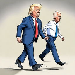 Humorous caricature of Donald Trump race walking with Joe Biden, where Joe Biden is using a walker for support.