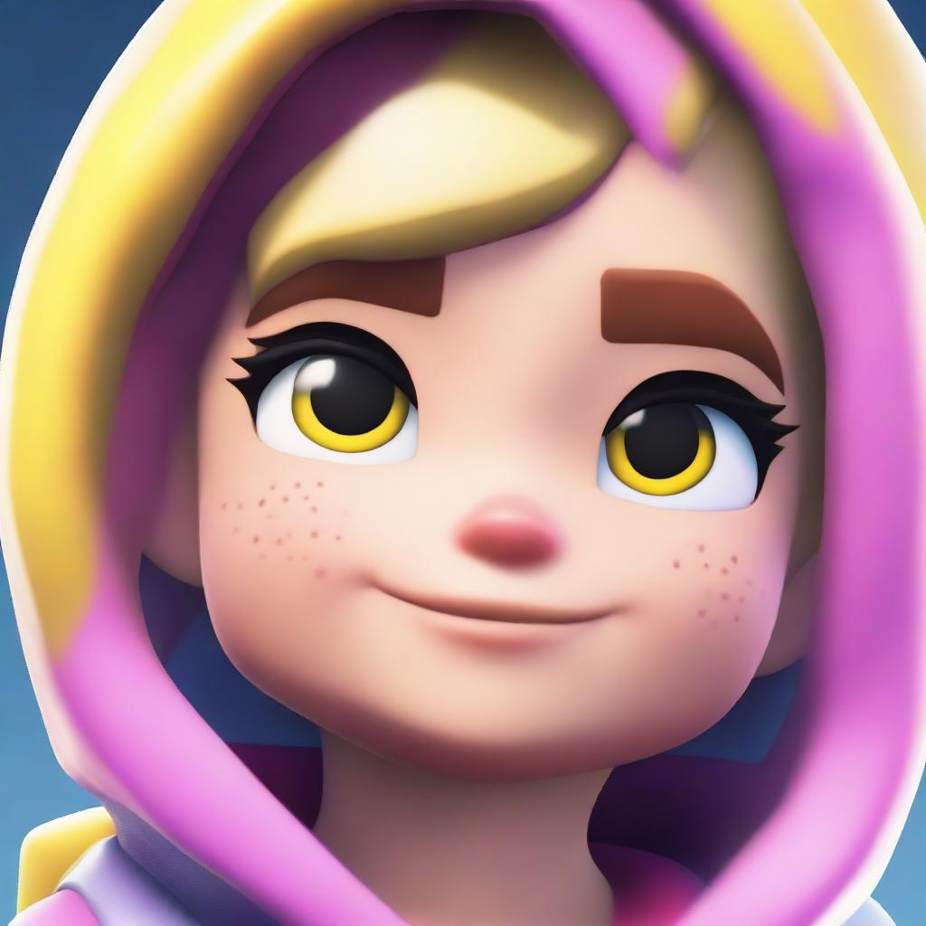 An up-close view of a cute Fortnite skin, focusing on the face with endearing eyes and soft features, portrayed in vibrant colors.