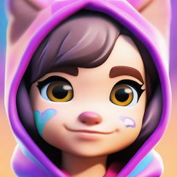 An up-close view of a cute Fortnite skin, focusing on the face with endearing eyes and soft features, portrayed in vibrant colors.