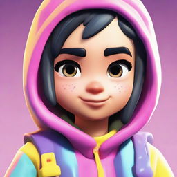 An up-close view of a cute Fortnite skin, focusing on the face with endearing eyes and soft features, portrayed in vibrant colors.