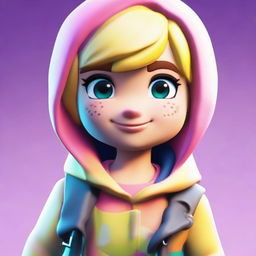 An up-close view of a cute Fortnite skin, focusing on the face with endearing eyes and soft features, portrayed in vibrant colors.