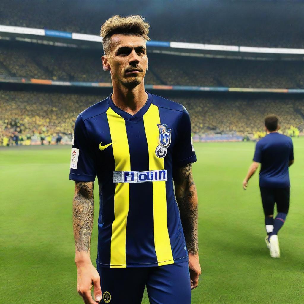 'CELEN' stepping onto the pitch at Fenerbahçe Ülker Stadium, wearing a jersey with number 68, displaying a distinctive swallow tattoo on his arm.