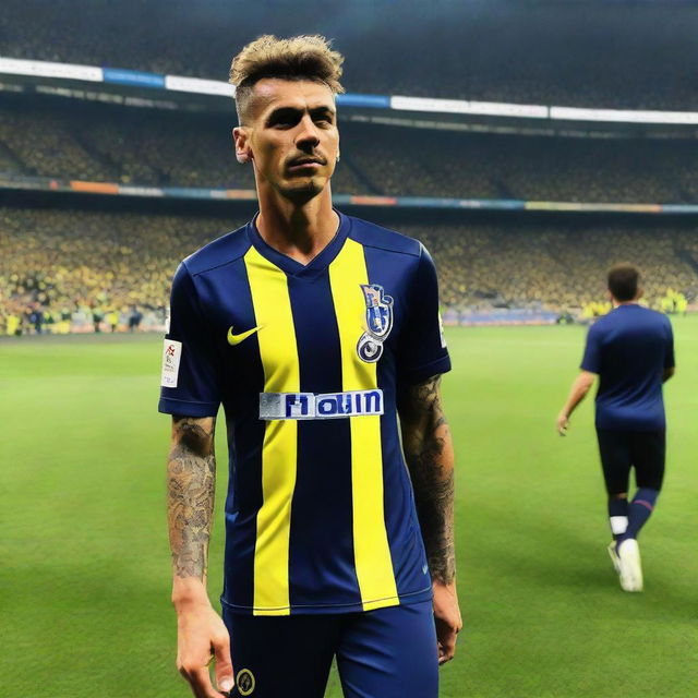 'CELEN' stepping onto the pitch at Fenerbahçe Ülker Stadium, wearing a jersey with number 68, displaying a distinctive swallow tattoo on his arm.