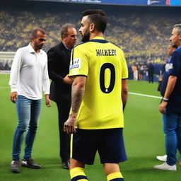 'CELEN' stepping onto the pitch at Fenerbahçe Ülker Stadium, wearing a jersey with number 68, displaying a distinctive swallow tattoo on his arm.