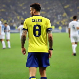 'CELEN' stepping onto the pitch at Fenerbahçe Ülker Stadium, wearing a jersey with number 68, displaying a distinctive swallow tattoo on his arm.