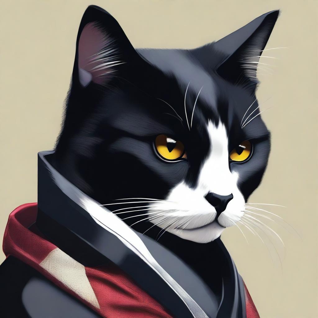 A high-resolution digital art image featuring a cat with sleek black fur, embodying the persona of a samurai