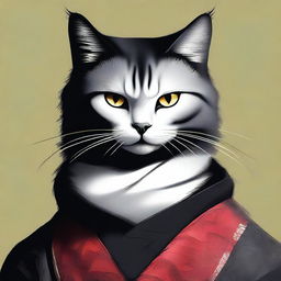 A high-resolution digital art image featuring a cat with sleek black fur, embodying the persona of a samurai