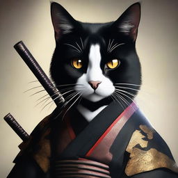 A high-resolution digital art image featuring a cat with sleek black fur, embodying the persona of a samurai