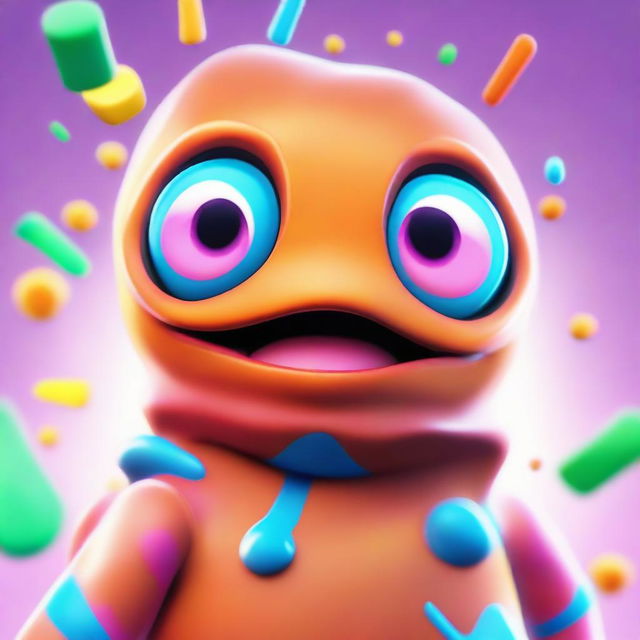 Close-up of a cute rendition of Fortnite's Fishstick skin, concentrating on the face with endearing eyes and a playful expression, bursting with vibrant colors.