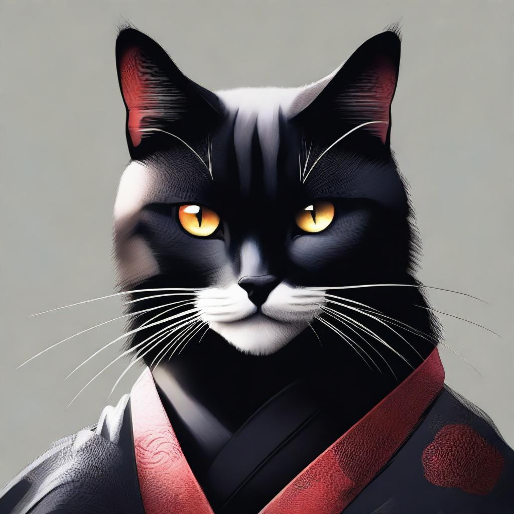 A high-resolution digital art image featuring a cat with sleek black fur, embodying the persona of a samurai