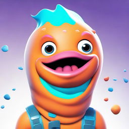 Close-up of a cute rendition of Fortnite's Fishstick skin, concentrating on the face with endearing eyes and a playful expression, bursting with vibrant colors.