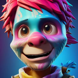 Close up view of a cute rendition of Fortnite's Fishstick skin, focusing on its charming facial features in rich and vibrant colors.