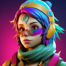 Close up view of a cute rendition of Fortnite's Fishstick skin, focusing on its charming facial features in rich and vibrant colors.