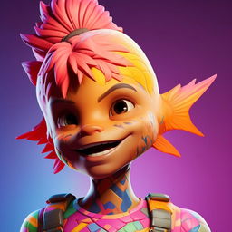 Close up view of a cute rendition of Fortnite's Fishstick skin, focusing on its charming facial features in rich and vibrant colors.