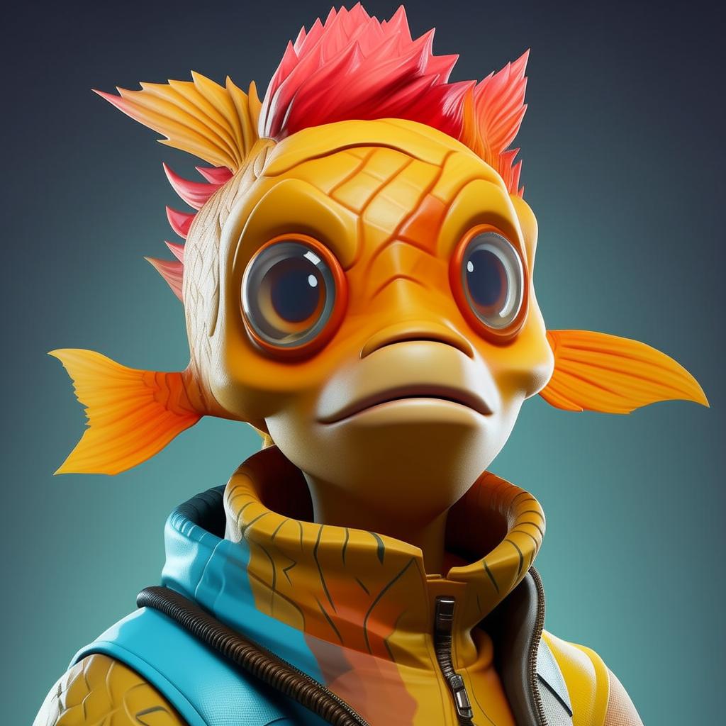 Close up view of a cute rendition of Fortnite's Fishstick skin, focusing on its charming facial features in rich and vibrant colors.