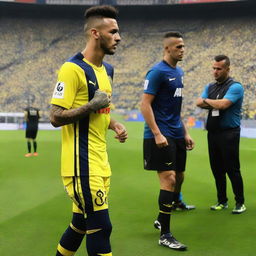 'CELEN', wearing jersey number 68, takes his first momentous step onto the pitch at Fenerbahçe Ülker Stadium, showcasing a swallow tattoo on his arm.