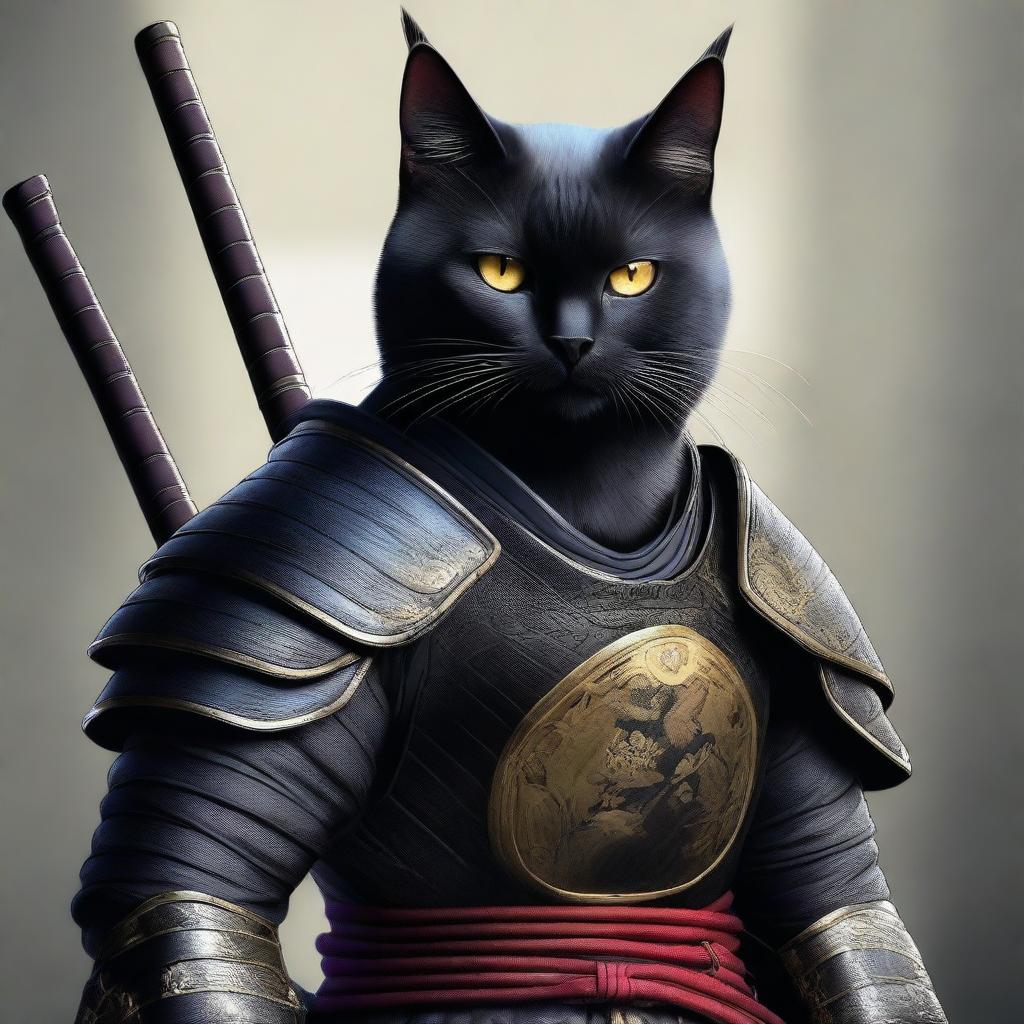 A high-quality, full-body digital art image portrays a black cat donned in authentic samurai armor