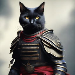 A high-quality, full-body digital art image portrays a black cat donned in authentic samurai armor