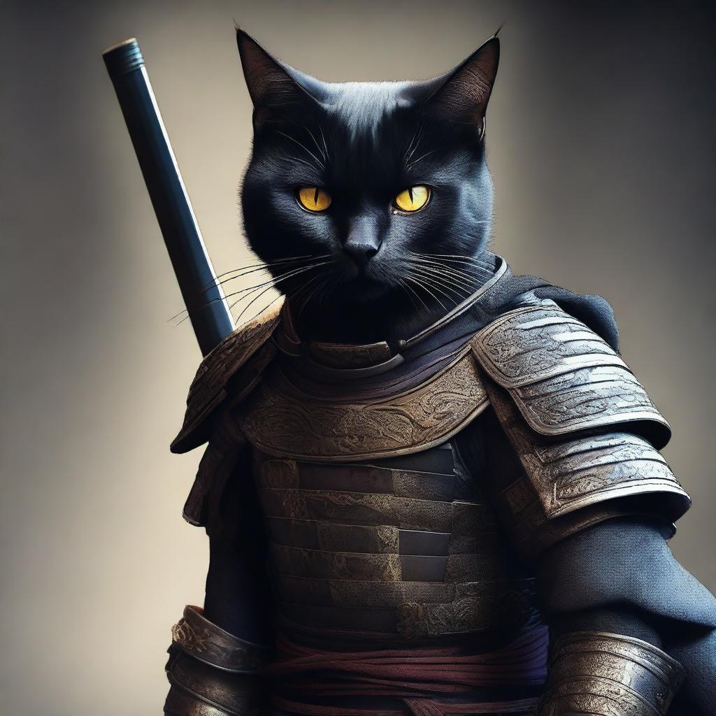 A high-quality, full-body digital art image portrays a black cat donned in authentic samurai armor