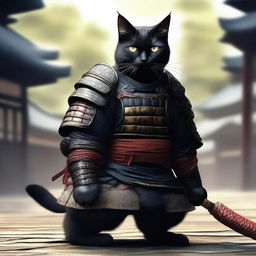 A high-quality, full-body digital art image portrays a black cat donned in authentic samurai armor