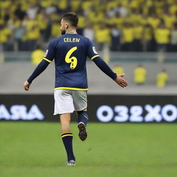 Soccer player 'CELEN', adorned with a jersey bearing the number 68 and a swallow tattoo on his arm, takes his first step onto the pitch at Fenerbahçe Ülker Stadium.