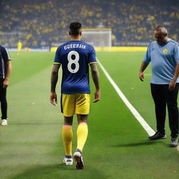 Soccer player 'CELEN', adorned with a jersey bearing the number 68 and a swallow tattoo on his arm, takes his first step onto the pitch at Fenerbahçe Ülker Stadium.