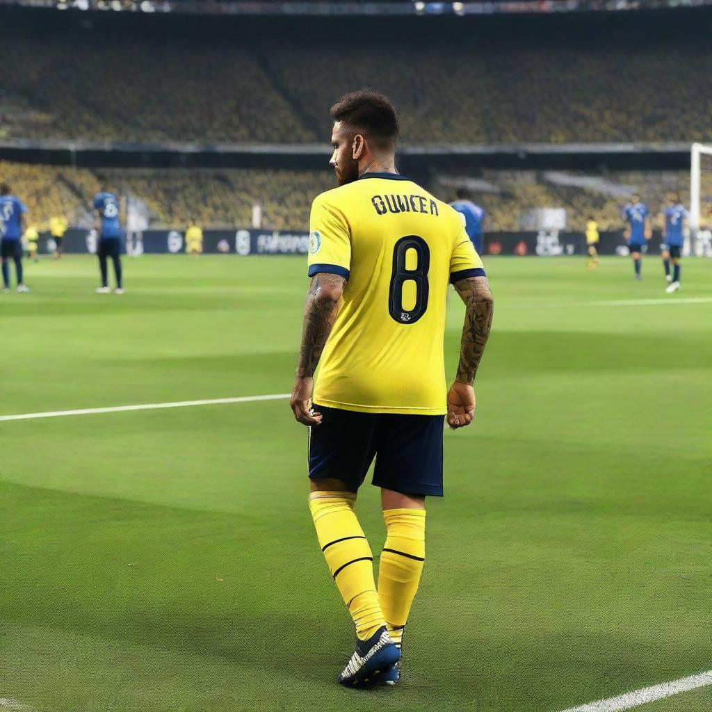 Soccer player 'CELEN', adorned with a jersey bearing the number 68 and a swallow tattoo on his arm, takes his first step onto the pitch at Fenerbahçe Ülker Stadium.