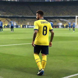 Soccer player 'CELEN', adorned with a jersey bearing the number 68 and a swallow tattoo on his arm, takes his first step onto the pitch at Fenerbahçe Ülker Stadium.