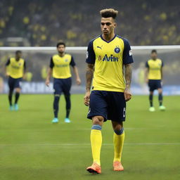 Soccer player 'CELEN', adorned with a jersey bearing the number 68 and a swallow tattoo on his arm, takes his first step onto the pitch at Fenerbahçe Ülker Stadium.