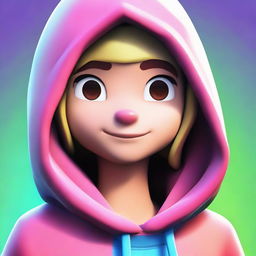 Close up view of a cute Fortnite character in a hoodie, focusing on the face with endearing features and vibrant colors.