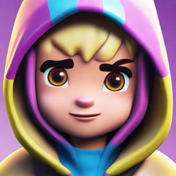 Close up view of a cute Fortnite character in a hoodie, focusing on the face with endearing features and vibrant colors.