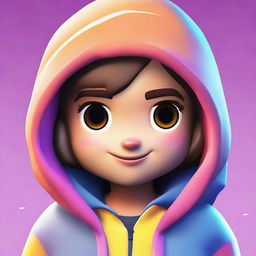 Close up view of a cute Fortnite character in a hoodie, focusing on the face with endearing features and vibrant colors.