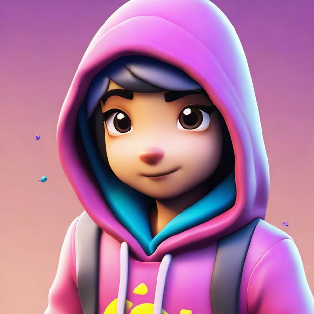 Close up view of a cute Fortnite character in a hoodie, focusing on the face with endearing features and vibrant colors.