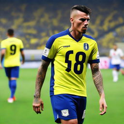 Soccer player 'CELEN', wearing a jersey number 68 and a swallow tattoo on his arm, makes his initial step onto the pitch at Fenerbahçe Ülker Stadium.