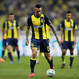 Soccer player 'CELEN', wearing a jersey number 68 and a swallow tattoo on his arm, makes his initial step onto the pitch at Fenerbahçe Ülker Stadium.