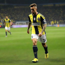 Soccer player 'CELEN', wearing a jersey number 68 and a swallow tattoo on his arm, makes his initial step onto the pitch at Fenerbahçe Ülker Stadium.