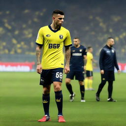 Soccer player 'CELEN', wearing a jersey number 68 and a swallow tattoo on his arm, makes his initial step onto the pitch at Fenerbahçe Ülker Stadium.