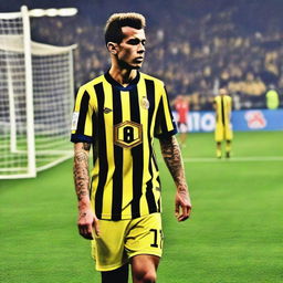 'CELEN', wearing a barred jersey with the number 68, stepping onto the field at Fenerbahçe Ülker Stadium, displaying a swallow tattoo on his arm.