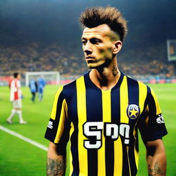 'CELEN', wearing a barred jersey with the number 68, stepping onto the field at Fenerbahçe Ülker Stadium, displaying a swallow tattoo on his arm.